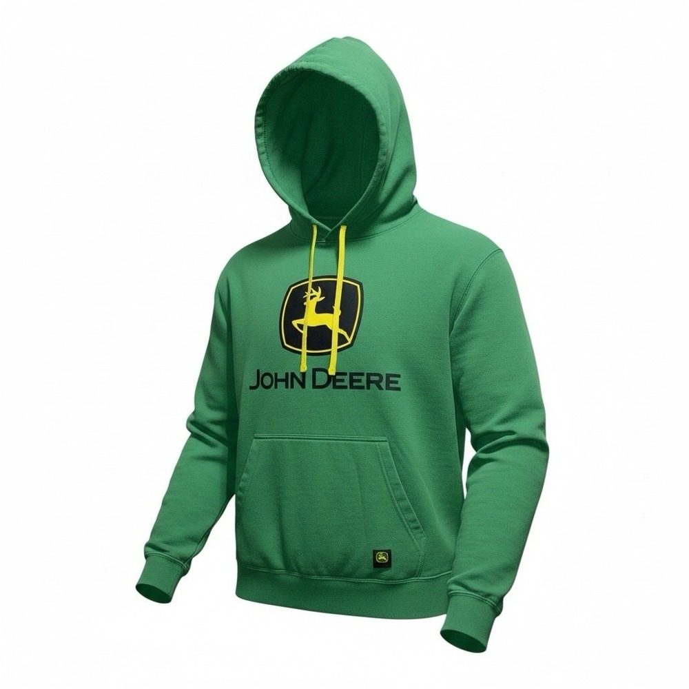 John Deere Mens Med Green Logo Pullover Hoodie Sweatshirt With Kangaroo Pockets